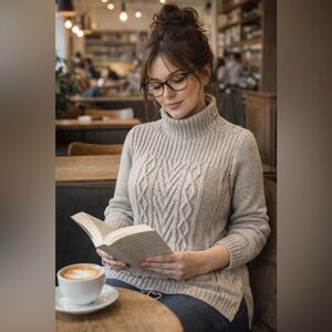 Wool Overs 100% Pure Wool Cable Knit Ribbed Long Sleeve Turtleneck Sweat…